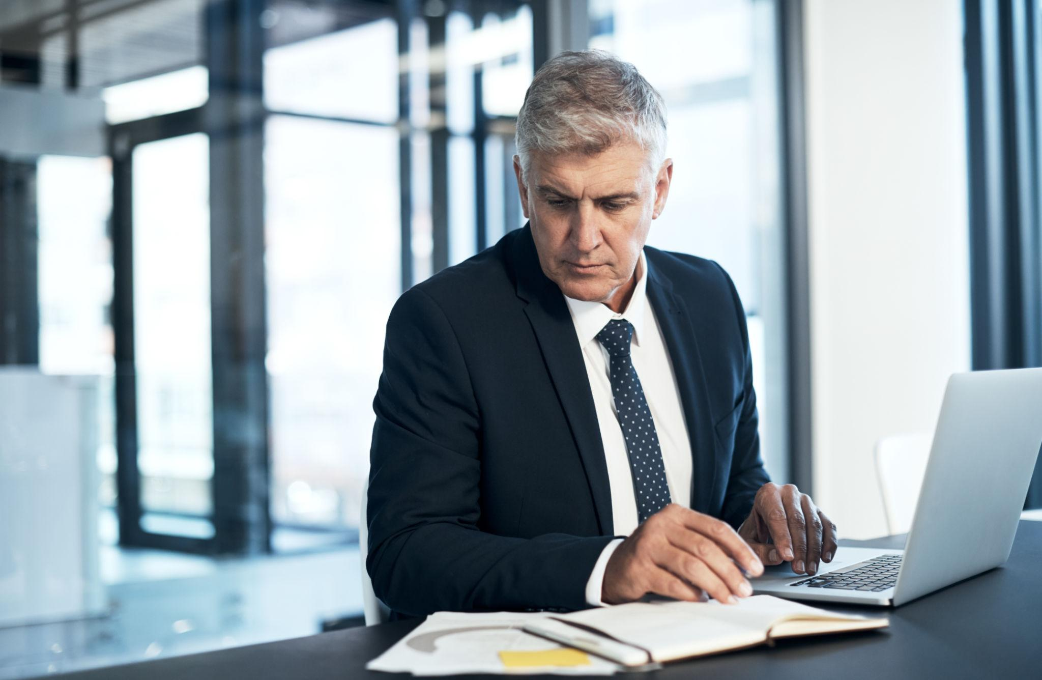 Professional working at a laptop in a modern office